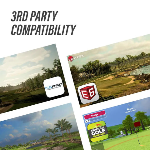 Third-party compatibility for the Launch Monitor Golf Simulator And Swing Trainer with Shot Tracker shown on screen.