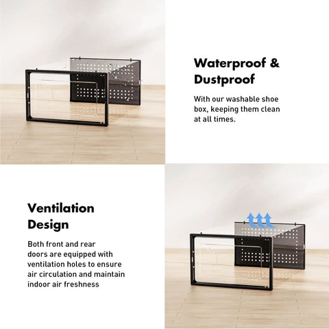 15 Pack Clear Plastic Stackable Shoe Organizer Set With Interlocking Lids for Closet, detail on ventilation and protection.