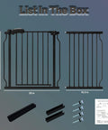 Extra Tall And Extra Wide Baby Gate For Stairs And Doorways Pressure Mounted Walk Through Gate For Babies And Pets Heavy Duty Metal Gate In Black Extends From Forty Seven To Fifty Two Inches Wide Thirty Inches Tall with included mount parts and instructions.