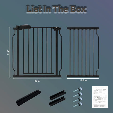 Extra Tall And Extra Wide Baby Gate For Stairs And Doorways Pressure Mounted Walk Through Gate For Babies And Pets Heavy Duty Metal Gate In Black Extends From Forty Seven To Fifty Two Inches Wide Thirty Inches Tall with included mount parts and instructions.