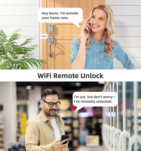 Slick WiFi Smart Deadbolt And Keyless Entry Door Lock With No Sweat App Connect Alexa Voice Commands Clean Guest Codes And Heavy Duty Frame For Straight Up Reliable Security. Woman using phone at door with deadbolt visible.