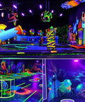 Upgraded 100W Black Light Bar 2 Pack With 104 LEDs illuminating a vibrant party setup with fluorescent decorations. Colorful glowing atmosphere.