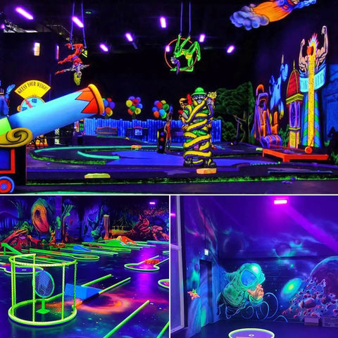 Upgraded 100W Black Light Bar 2 Pack With 104 LEDs illuminating a vibrant party setup with fluorescent decorations. Colorful glowing atmosphere.
