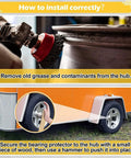 Moncer 4-Piece trailer bearing lubricator set: two-panel instructions showing hub cleaning and bearing protector installation.
