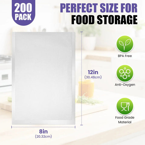200 Count 8x12 Vacuum Sealer Bags BPA Free Precut For Food Storage Meal Prep Sous Vide And Freezer Microwave Safe