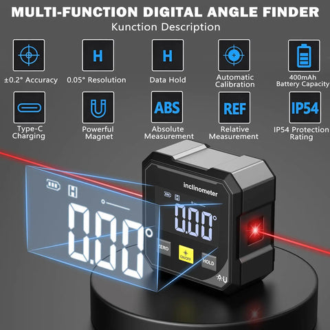 Pocket Sized Handy Digital Angle Finder With Red Laser Line, Rechargeable Laser Level, Four Side Magnetic Gauge, Backlit Cube Protractor For Woodworking, DIY Projects, Home Decor And Hanging Decorations. Black cube inclinometer with red laser and display
