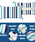 Two Pack Outdoor Chaise Lounge Head Pillow With Elastic Strap Red Stripes Water Resistant Headrest For Recliners Beach Chairs Patio Loungers Office Chairs And Easy Neck Support, blue and teal striped design with adjustable strap and waterproof feature