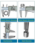 Handy 6 Inch Digital Calipers With Large LCD Screen showcasing outside, inside, step, and depth measuring capabilities