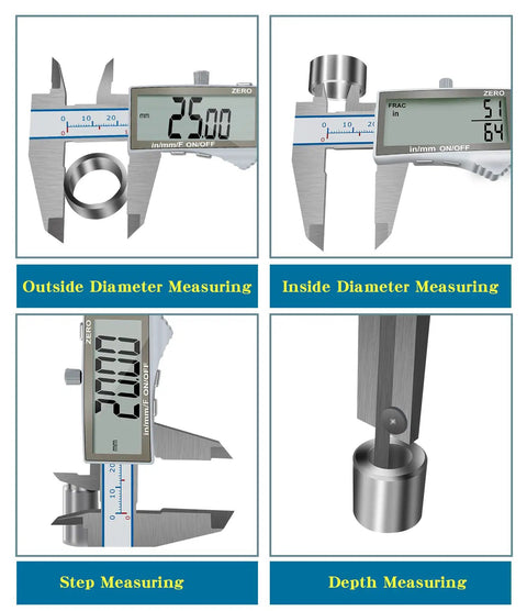 Handy 6 Inch Digital Calipers With Large LCD Screen showcasing outside, inside, step, and depth measuring capabilities