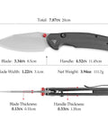 Diagram of folding pocket knife with a 3.34 inch blade, button liner lock, 7.87 inch total length, PVD coated steel, Boss Level Performance