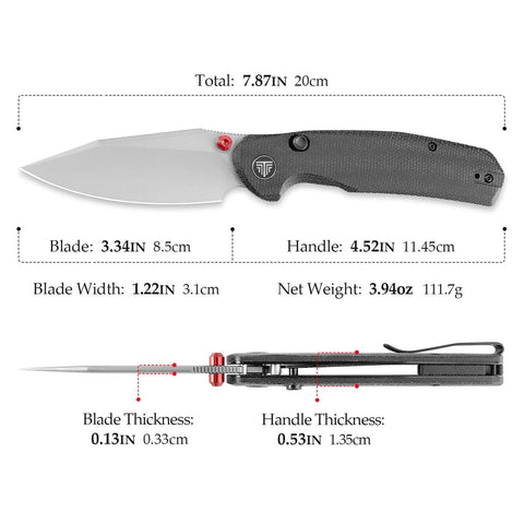 Diagram of folding pocket knife with a 3.34 inch blade, button liner lock, 7.87 inch total length, PVD coated steel, Boss Level Performance