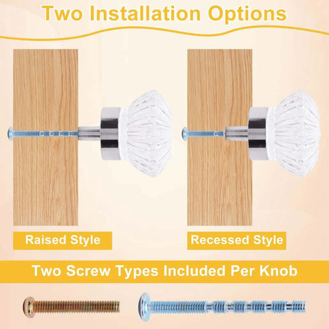 Two installation options for Crystal Glass Drawer Knobs Set 4-Pack Flower Bud Style Silver Finish 1.34 Inch Diameter Cabinet Pulls