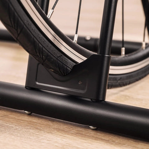 Close-up of tire groove on Heavy Duty Bicycle Floor Parking Rack Stand For Mountain And Road Bikes Indoor Home Garage Storage.