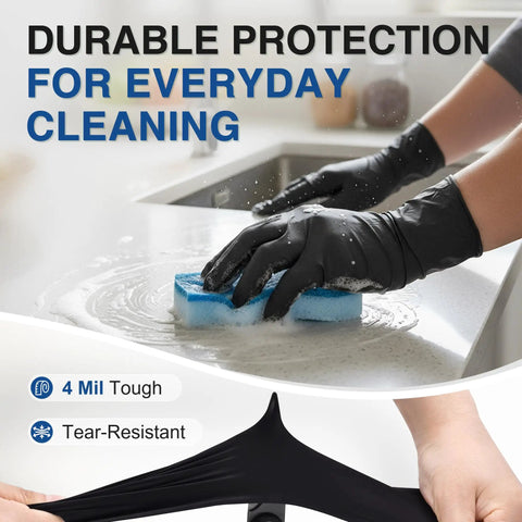 Hands wearing Heavy Duty Black Nitrile Gloves Built Tough For Medical And Industrial Work Top Shelf 4 Mil Disposable Shield while cleaning.