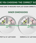 Front view of two round white Lazy Susan organizers with black wire baskets, showing 24" and 26" inner diameters.