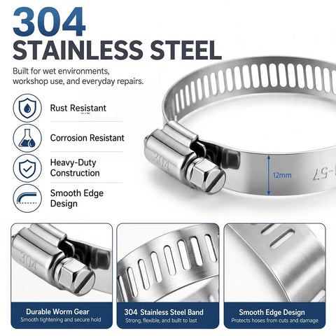Top Notch 20-Piece Stainless Steel Hose Clamp Assortment Kit Ranging From 1-5/16 To 3 Inches Perfect For Intake Lines Pool Pumps Vacuums And Dust Collectors Durable 304 Steel For Home Or Pro Use, 304 stainless steel worm gear clamp close-up