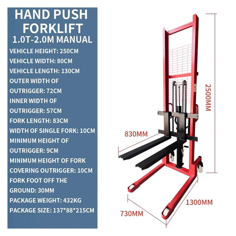 Heavy Duty Manual Hydraulic Electric Forklift Truck With Smooth Lifting And Easy Push Handle For Warehouse Logistics Handling Mobile Pallet Jack 1.0T Capacity dimensions and specifications.