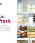 Frigidaire refrigerator stocked with groceries, promoting Pure Air Ultra II Refrigerator Air Filter With Carbon Odor Absorbing Technology.