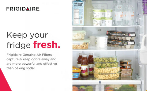 Frigidaire refrigerator stocked with groceries, promoting Pure Air Ultra II Refrigerator Air Filter With Carbon Odor Absorbing Technology.