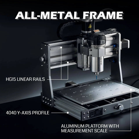 3020-PRO Ultra CNC Router Machine with all-metal frame, upgraded 710W spindle, 60mm stepper, shown from side