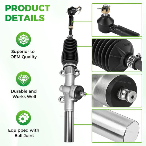 Image showing EZGO TXT Steering Rack Kit With Ball Joint And Latch For 2001 And Newer TXT And Workhorse Gas Or Electric Carts, Complete Gear Box Replacement, OEM Compatible, highlighting product quality and durability features.