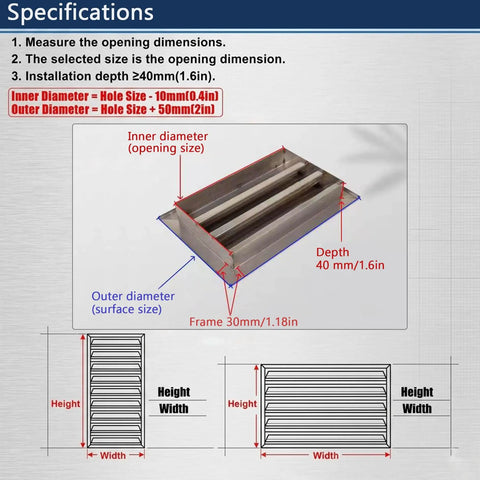 Specifications for Heavy Louvered Access Panel For Drywall And Ceiling Vent Cover Rustproof 304 Stainless Steel Air Grille.