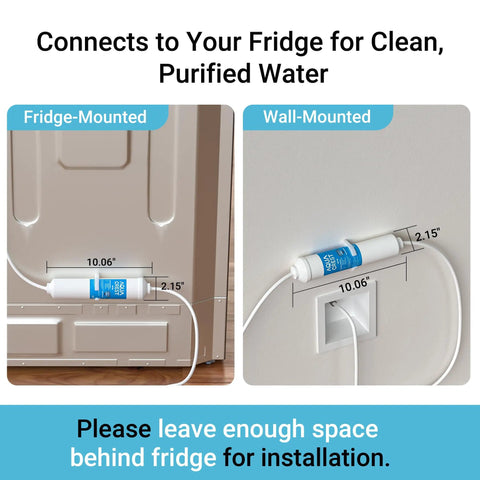 Go-To Inline Water Filter For Ice Makers And Refrigerators with 1/4-Inch direct-connect, fridge and wall mounted installation view