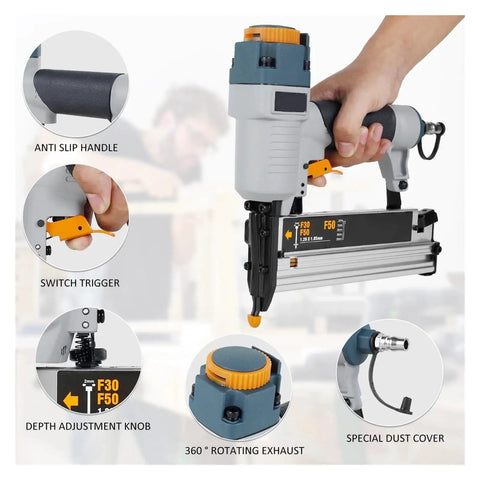 Professional Grade Pneumatic Brad Nailer With Snap Trigger Action And Precision Depth Dial Driving Tight Seams Zero Fatigue Grip All Weekend Long For Hard Working Tradesmen And Craftsmen