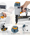 Rugged Professional Pneumatic Air Brad Nailer Engineered For Quick Setup And Precise Depth Control Featuring Featherweight Ergonomic Grip for woodworking, showcasing features like the anti-slip handle and depth adjustment knob.