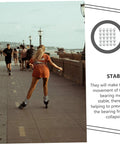 Woman roller skating on boardwalk with stainless steel skate wheel bearing spacers and inline skate side plugs pack of 50.