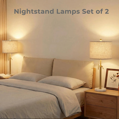 Gold Table Lamps Set Of 2 With Adjustable Height From 22 To 30 Inches in bedroom with marble base and modern decor