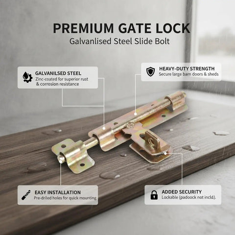 Heavy Duty Galvanized Steel Slide Bolt Gate Latch For Outdoor Garden Fences Barn Doors And Shed Entrances, 7.28 inch, installed on wood.