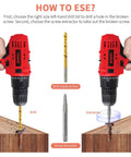 15 Piece Screw Extractor Kit With Left Hand Drill Bits For Removing Broken Bolts And Stripped Nuts In Cobalt HSS 6542 Cr Mo Steel EZ Out Center Punch Kit being used on wood with drills.