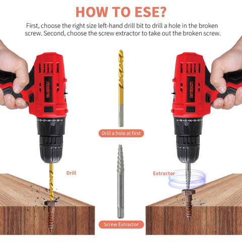 Demonstration of Heavy Duty Screw Extractor Set 37 Piece Cr-Mo and 6542 HSS Cobalt Left Hand Drill Bits in use on wood.