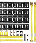 E Track Tie Down Rail Kit 4 Pack 2 Ft Rails With Ratchet Straps 20 Piece Set for Garages Vans and Trailers components displayed