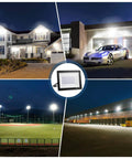 JUDYSSY 200W Led Flood Light in different settings, showcasing bright light around a home, garage, sports field, and loading dock.