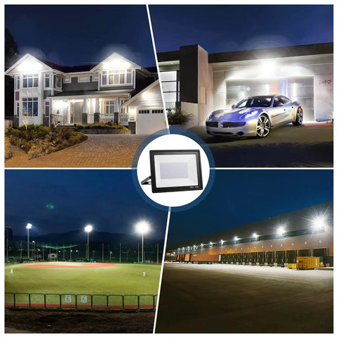 JUDYSSY 200W Led Flood Light in different settings, showcasing bright light around a home, garage, sports field, and loading dock.