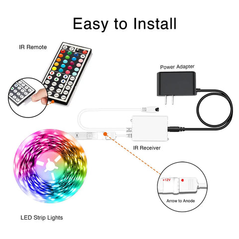 LED Lights For Bedroom 50 Feet RGB Color Changing Strip Kit With 44 Keys Remote Controller and 12V Power Supply setup