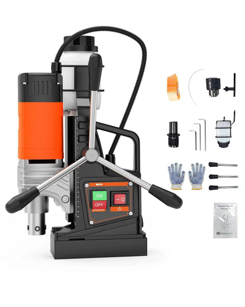 High Torque 1750W Magnetic Drill Press For Metalworking With 810 RPM, 50mm Core Capacity And Built In Millimeter Scale displaying controls and accessories.