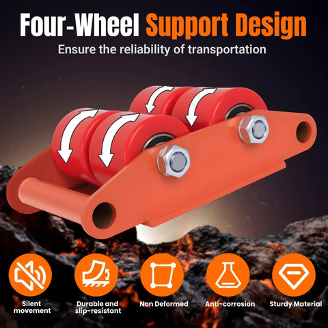 4 Pack Heavy Duty Machinery Mover Set With 20000 Lbs 10 Tons Capacity Carbon Steel Skates shown with four-wheel support design