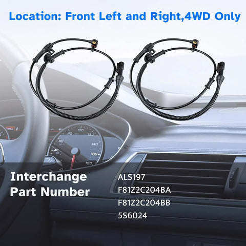 Front Abs Wheel Speed Sensor Left And Right Pair Set For Four Wheel Drive Ford Super Duty Trucks showing two sensors on dashboard.