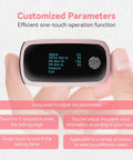 Rechargeable Pulse Oximeter With Real Time SpO2 And Pulse Rate Readouts in hand, showing screen with settings options