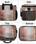 Back, side, top, and bottom views of Insulated Picnic Backpack Lunch Bag With Roomy 12 By 8.7 By 10 Inch Interior, floral design.