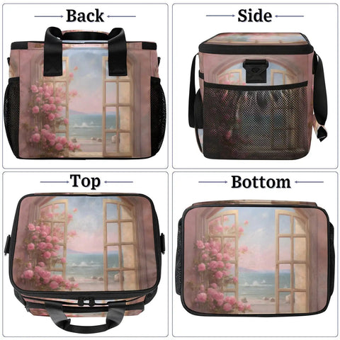Back, side, top, and bottom views of Insulated Picnic Backpack Lunch Bag With Roomy 12 By 8.7 By 10 Inch Interior, floral design.