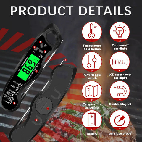 Digital Meat Thermometer With IP67 Waterproof, Backlit Display, Calibration And Hold Function, BBQ use on grill