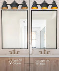 Dope Industrial 3 Light Vanity Lamp For Bathrooms Wall Mounted Vanity Light Fixture With Black Metal Frame Over Mirror Up Or Down Installation Modern Sconce Lighting For Home Or Studio Model AD21523W showing lit and unlit variations over mirrors in a bathroom setting.