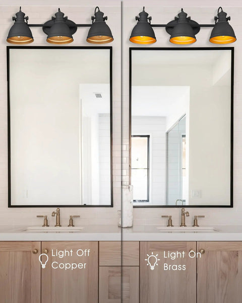 Dope Industrial 3 Light Vanity Lamp For Bathrooms Wall Mounted Vanity Light Fixture With Black Metal Frame Over Mirror Up Or Down Installation Modern Sconce Lighting For Home Or Studio Model AD21523W showing lit and unlit variations over mirrors in a bathroom setting.