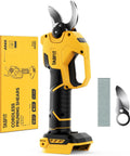 Electric Pruning Shears Punch Through Tough Stems With Zero Sweat Using Rock Solid 1.8 Inch Cut Capacity Cordless Plant Clippers For Stress Free Yard Work Garden Gear next to box and blades.