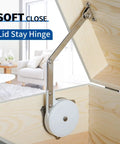 Lid Stay Hinge With Soft Close Safety Lid Support for toy boxes and kitchen cabinets, installed in open wooden cabinet.