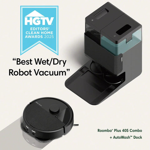 Roomba Plus 405 Combo Robot Vacuum And Mop with Auto Wash Dock, side view showing dock and vacuum unit.